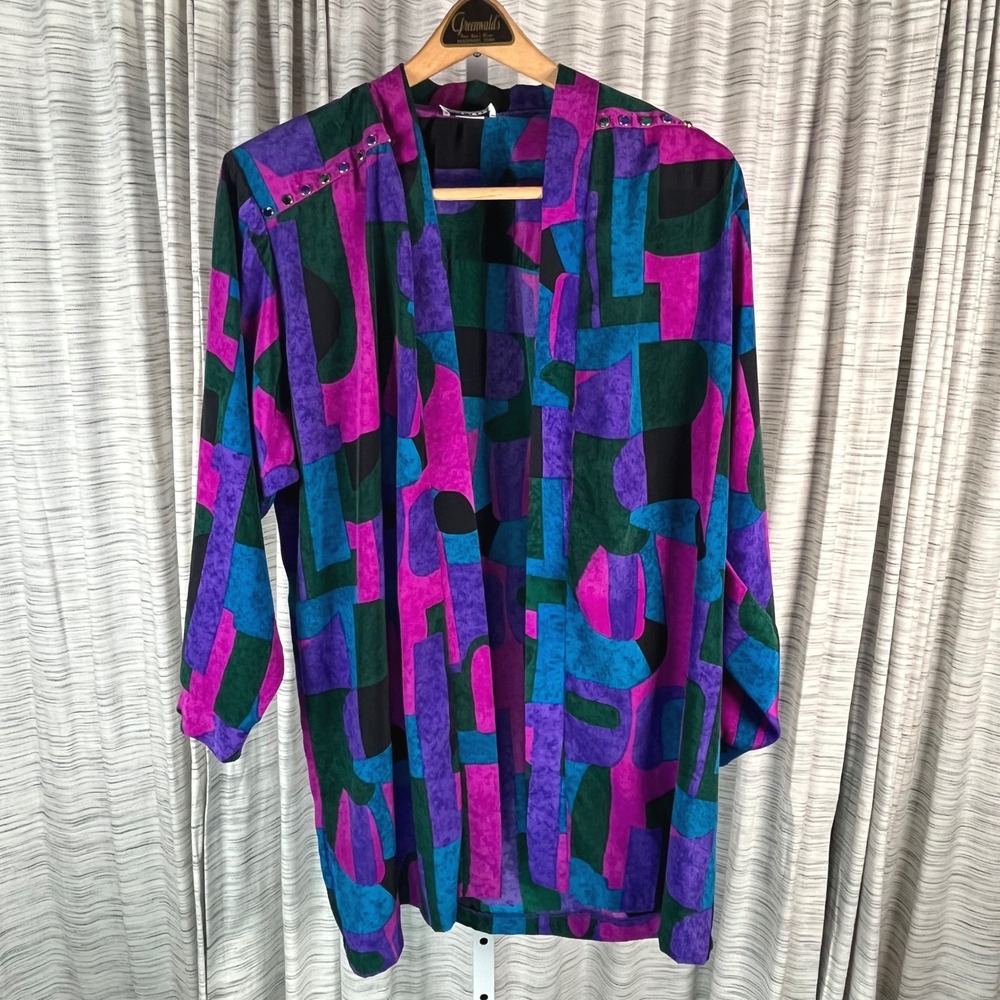 Amy Jess Vintage 80s Geometric Abstract Duster Cardigan Rhinestone Shoulder USA